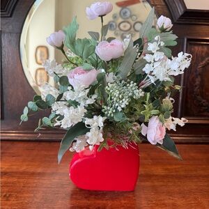 Heart-Shaped Red Vase with Pink and White Floral Arrangement